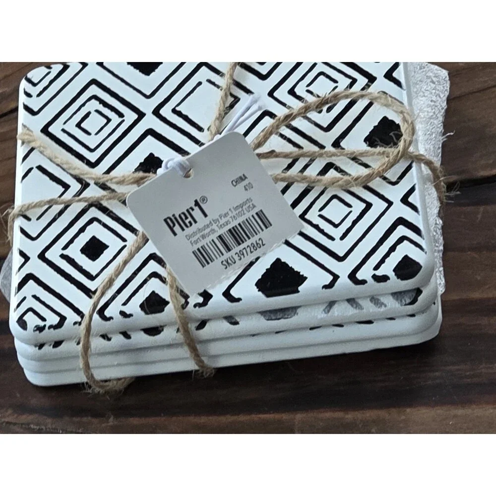 Pier 1  set of 4 square ceramic coasters, bold black & white geometric pattern